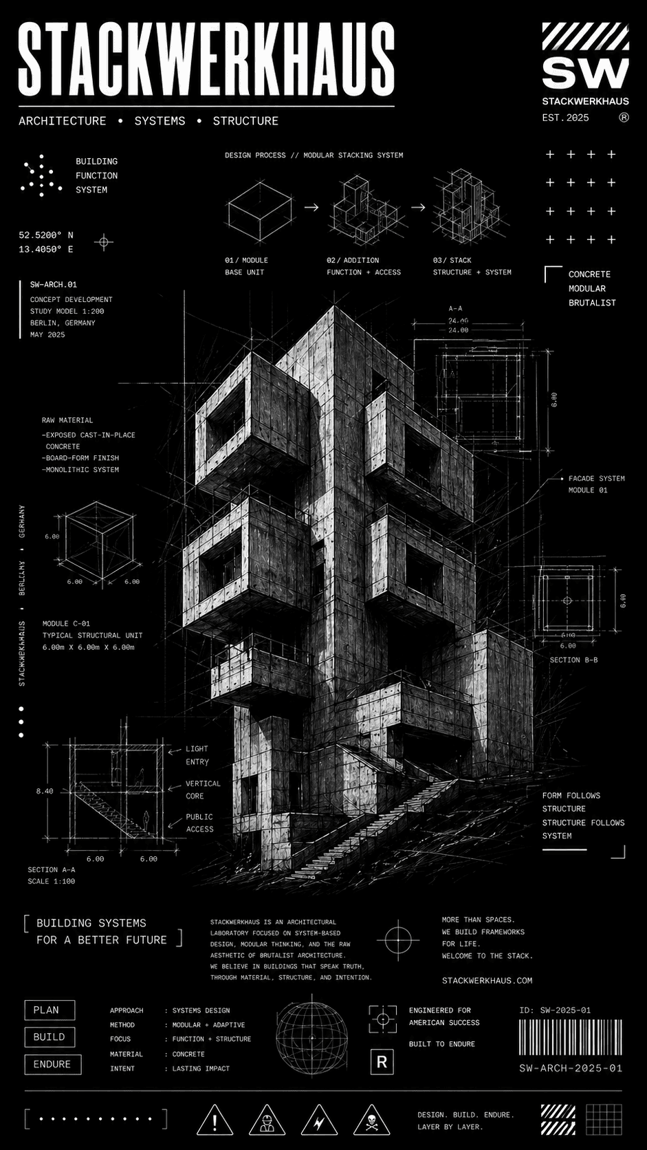 Stackwerkhaus Architekturkonzept als Bauplan-Grafik